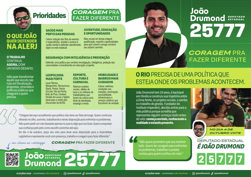 Primeira página do jornal: as prioridades de João Drumond na ALERJ, com saúde, educação, segurança, Leopoldina, esporte e mobilidade